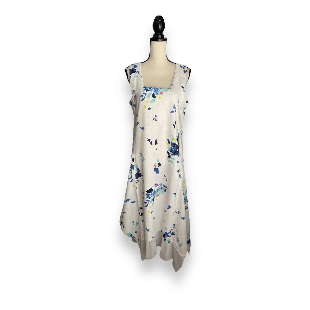 For Cynthia Womens Linen Blend Floral Sharkbite Midi Dress White Blue Large